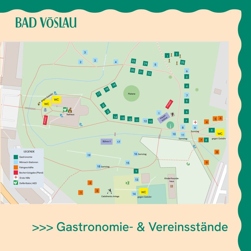 Eine Karte von Bad Vöslau, Österreich, die verschiedene Einrichtungen wie WCs, Erste Hilfe und Gastronomiestandorte hervorhebt. Die Karte ist farbcodiert mit Grün für WCs, Blau für Erste Hilfe und Gelb für Gastronomie.