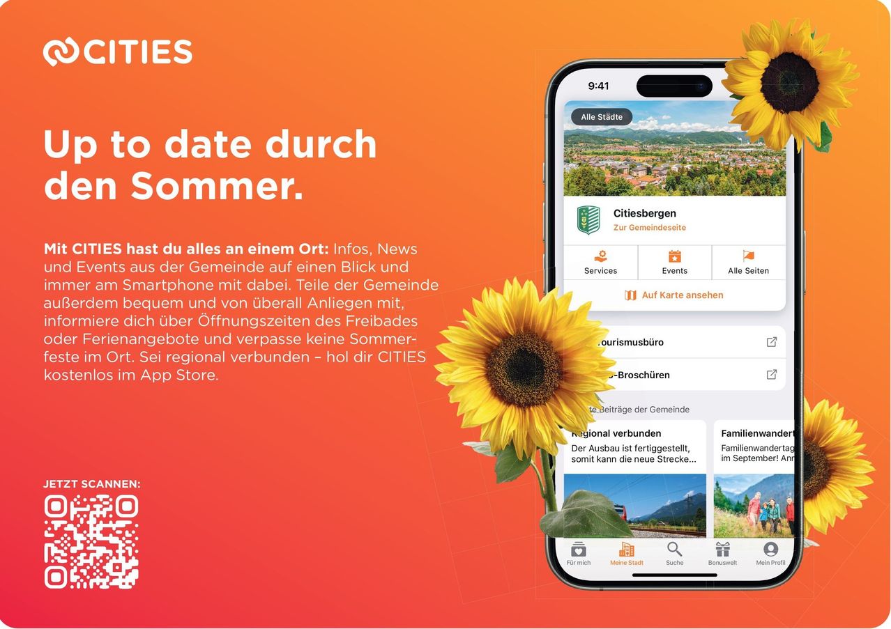 Eine Smartphone-App zeigt eine Gemeindeseite 'Citiesbergen' mit einem Dorf. Eine Sonnenblume daneben symbolisiert lokale Informationen, Nachrichten und Gemeinde-Updates.