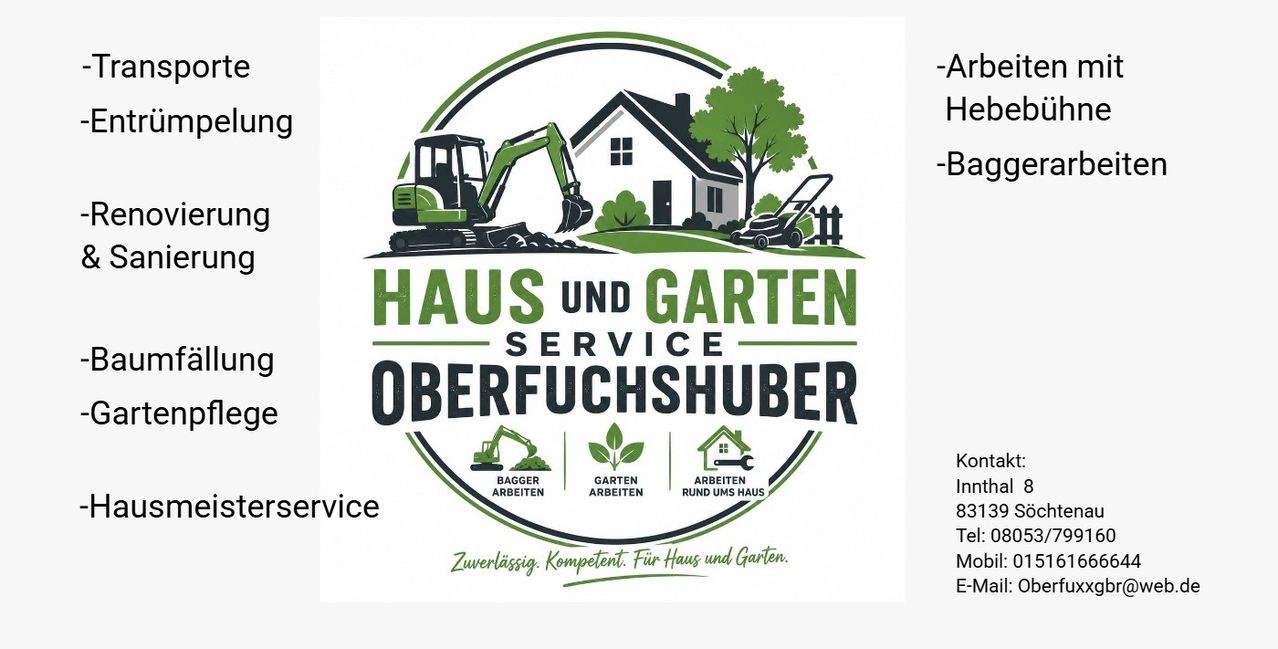 Logo für Haus und Garten Service Oberfuchshubber, zeigt ein Haus, einen Baum, einen Bagger und einen Rasenmäher. Der Text ist in Grün und Schwarz.