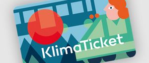 Ein Werbebild für KlimaTicket mit einer Frau mit roten Haaren und einem roten Kreis.