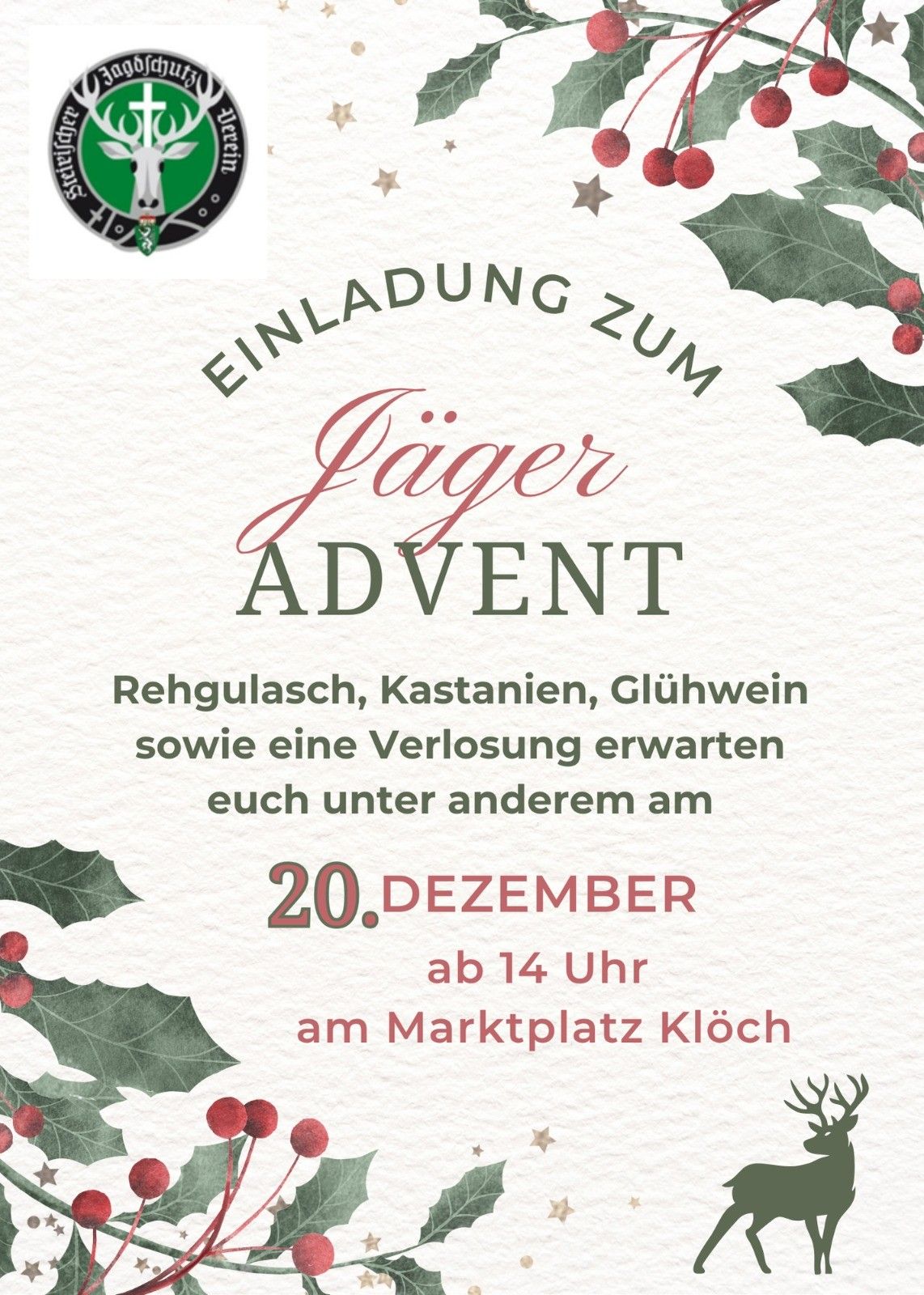 Einladung zum Jager Advent-Event mit Glühwein, Kastanien und einer Verlosung. Geplant für den 20. Dezember, Beginn um 14 Uhr am Marktplatz Kloch.