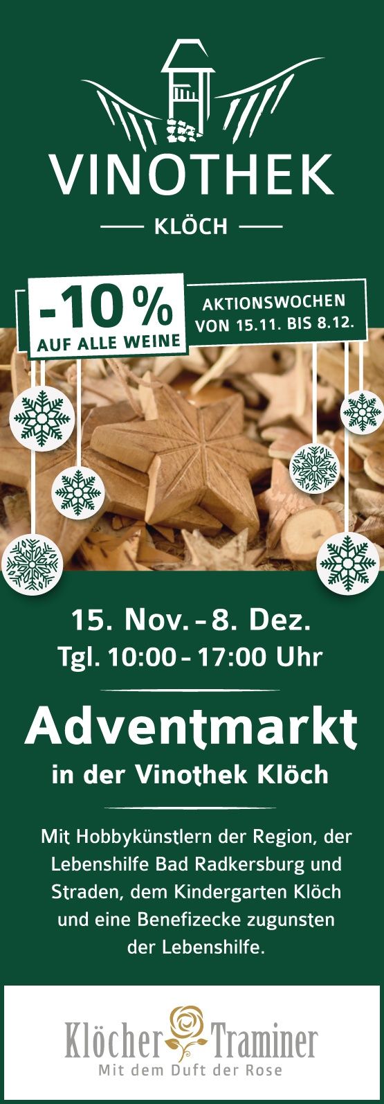 Eine Werbung für einen Adventmarkt mit 10% Rabatt auf alle Weine vom 15. November bis 8. Dezember, 10:00-17:00 Uhr.