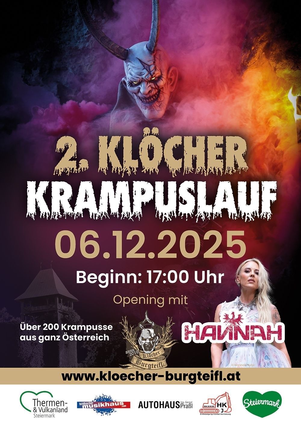 Plakat für die Krampuslauf-Veranstaltung am 6. Dezember 2025 mit einem Krampus-Charakter und einer blonden Frau in einem Kleid. Die Veranstaltung beginnt um 17:00 Uhr.