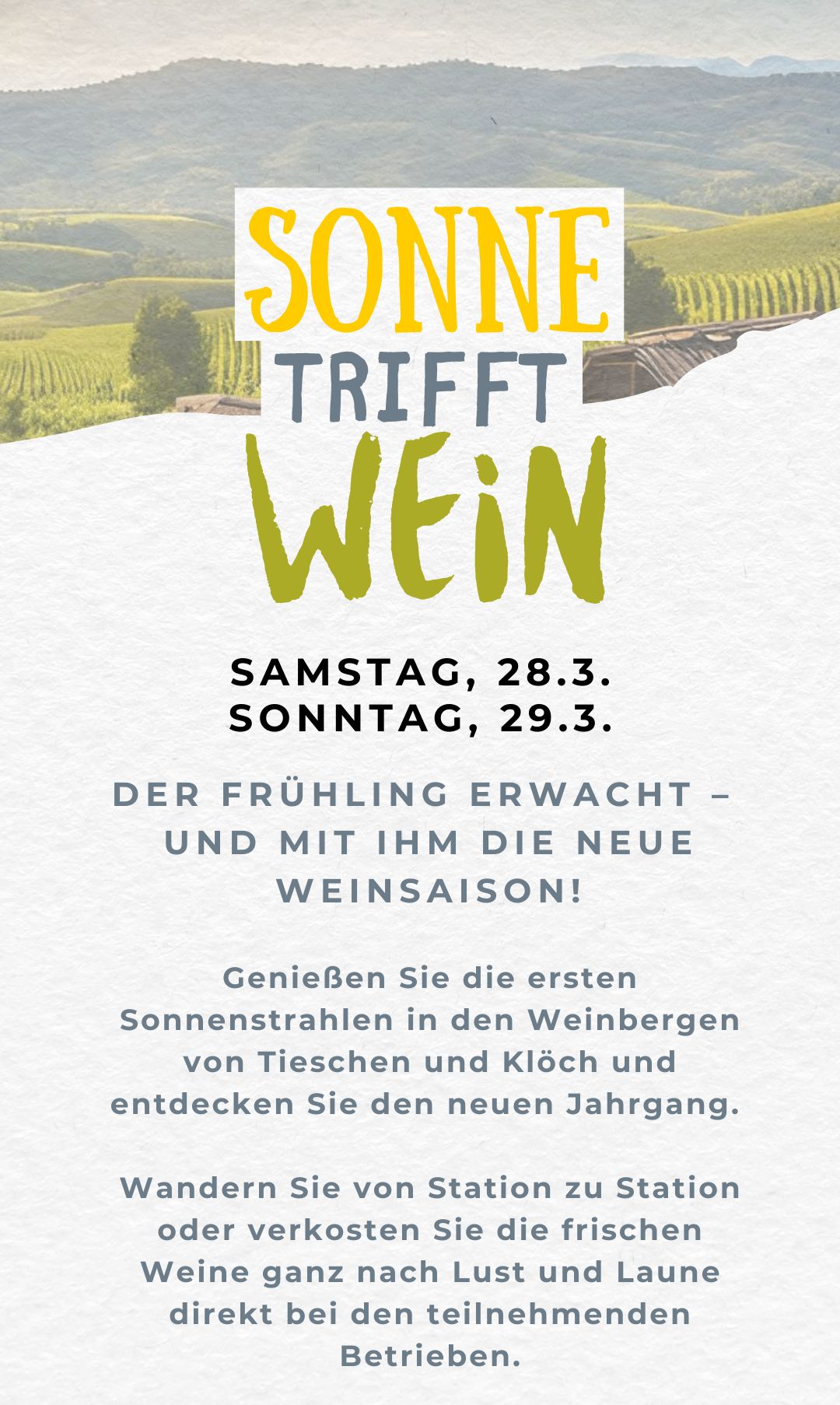 Der Frühling erwacht – und mit ihm die neue Weinsaison! Genießen Sie die ersten Sonnenstrahlen in den Weinbergen von Tiessen und Kloech und entdecken Sie den neuen Jahrgang.