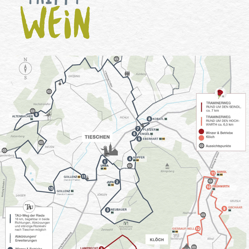 Eine Karte des Tau-Wegs mit Routenmarkierungen und Sehenswürdigkeiten wie Tischen, Platzer, Engel, Eberhart und Hopfer. Die Karte zeigt auch eine rote Straßenbahnroute und eine rote Zugstrecke um den Seeland.