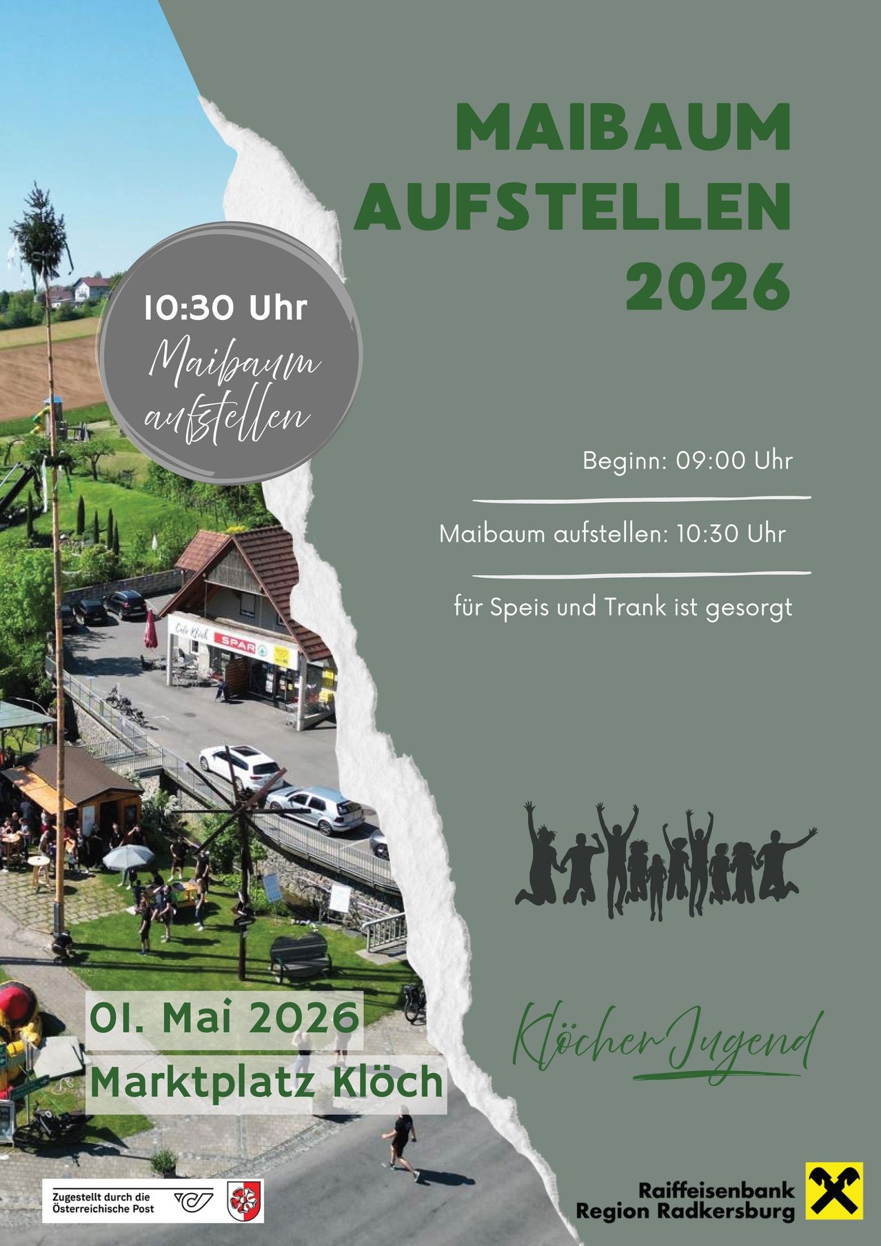Plakat für den 1. Mai 2026 mit einer Dorfszene, einem Geschäft, geparkten Autos und einer Gruppe feiernder Menschen. Der Aufbau beginnt um 09:00 Uhr, und der Maibaum wird um 10:30 Uhr aufgestellt. Essen und Getränke sind vorhanden.