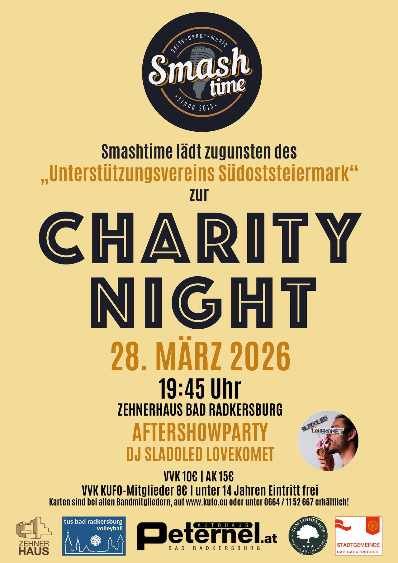 Plakat für die Smashtime Charity Night am 28. März 2026 im Zehnerhaus in Bad Radkersburg. Beginn um 19:45 Uhr, DJ Sladoled Lovekomet für die Aftershowparty.