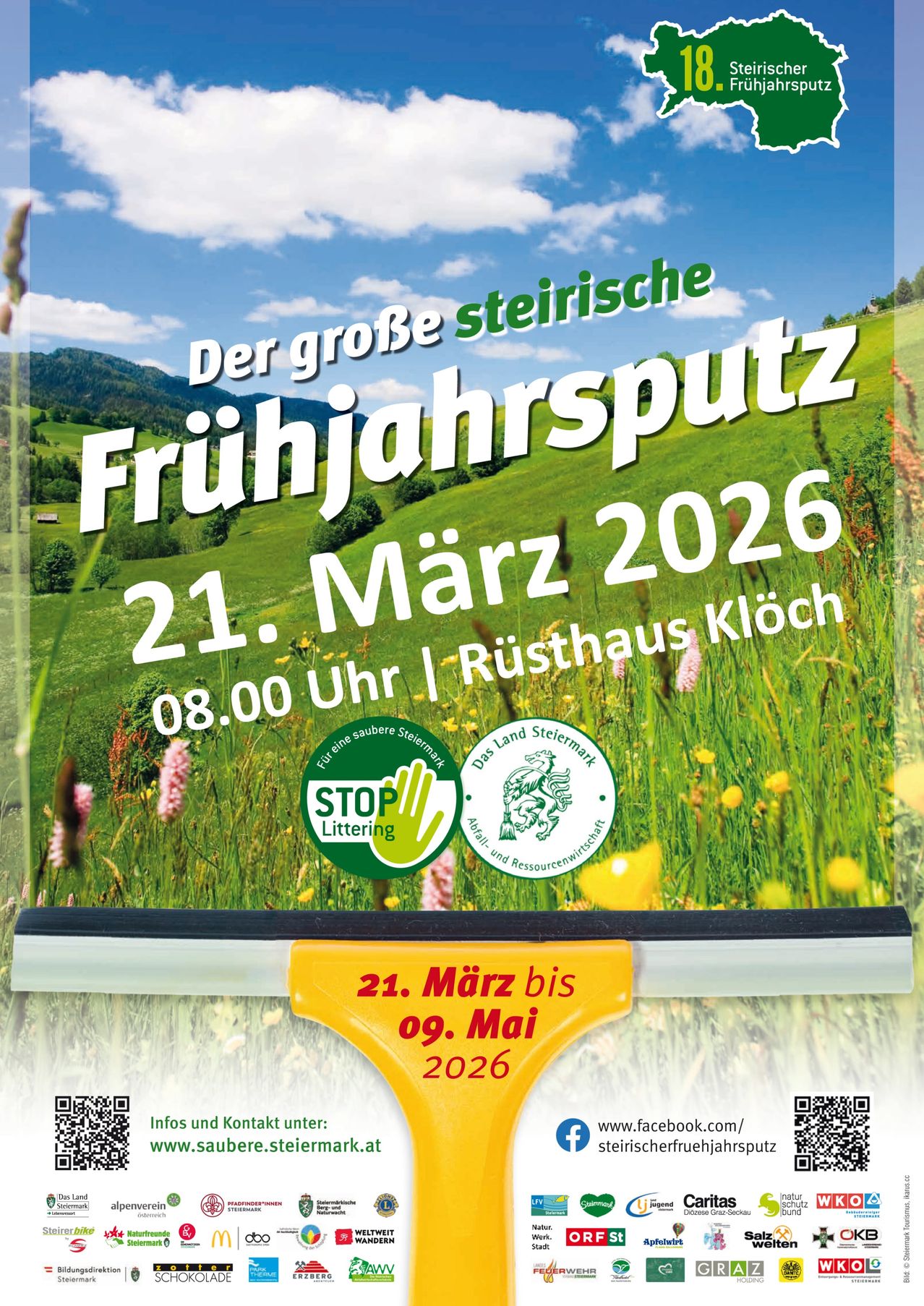 Plakat für die Frühjahrsputz-Veranstaltung 2026, geplant für den 21. März um 8 Uhr im Rusthaus Klöch. Die Veranstaltung läuft vom 21. März bis 9. Mai 2026. Es enthält ein grün-weißes Schild mit dem Text 'Der große steirische Frühjahrsputz' und 'STOP Littering'. Das Plakat zeigt auch Logos für 'Das Land Steiermark' und 'Abfall- und Ressourcenwirtschaft'.