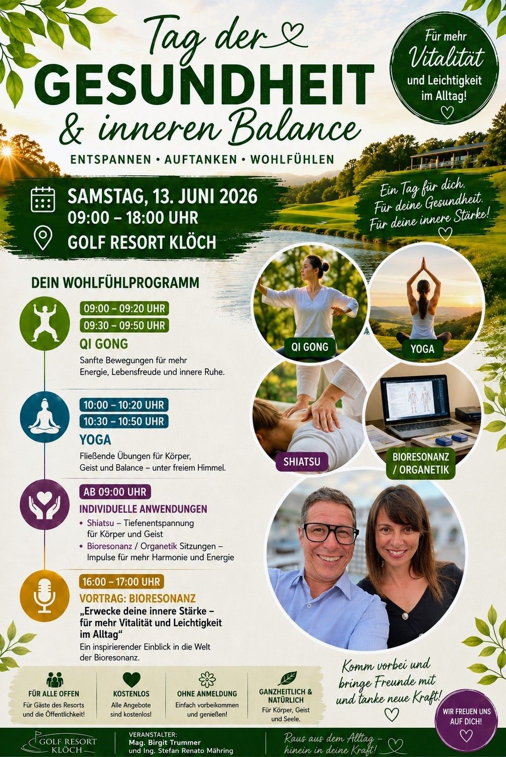 An event poster advertises a wellness day at Golf Resort Klöch on June 13, 2026, from 9:00-18:00. It includes a schedule with activities like Qi Gong, Yoga, Shiatsu, and Bioresonanz sessions. A couple stands smiling next to the schedule.