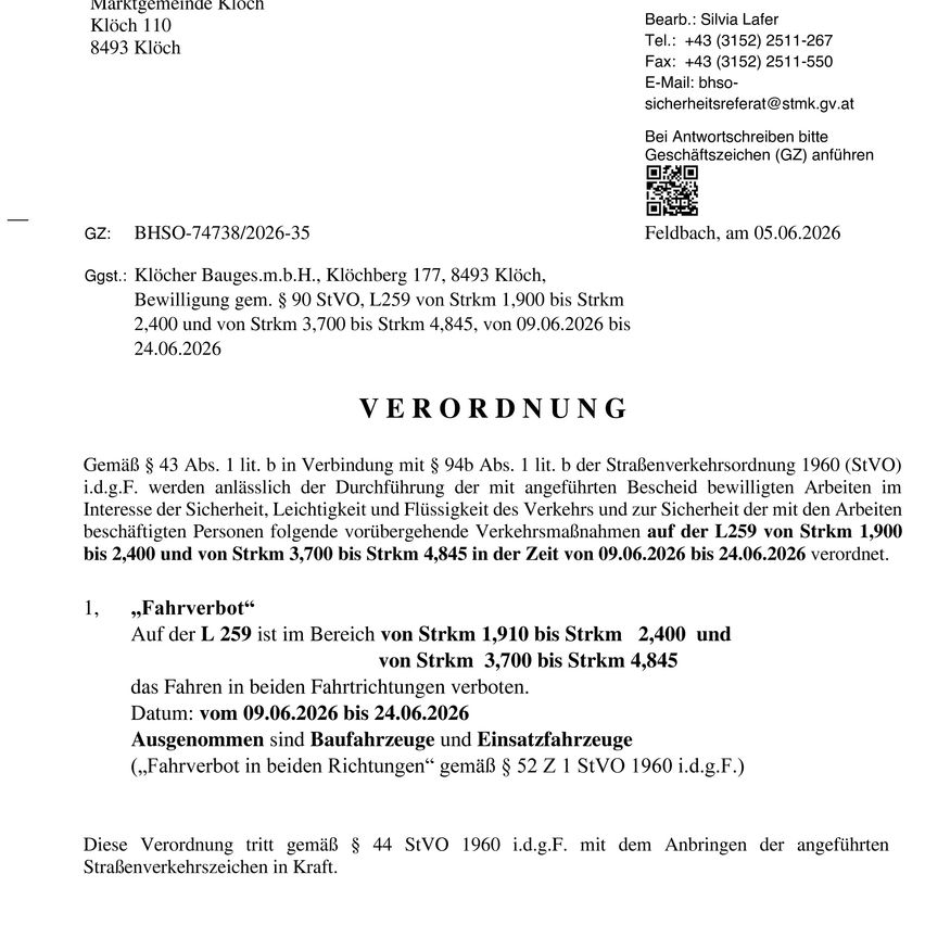 The image contains a German ordinance prohibiting driving on sections of L259 from 09.06.2026 to 24.06.2026, citing safety, lightness, and traffic flow interests. It applies to vehicles from 1,900 to 4,845 meters.
