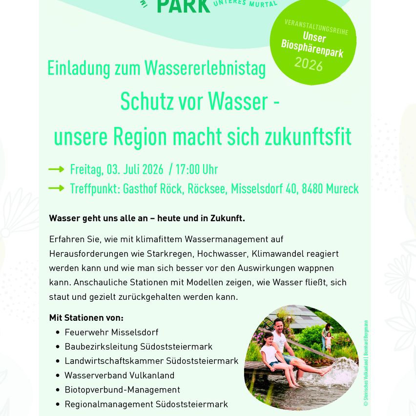 Poster für eine Wasserveranstaltung im Jahr 2026. Es enthält Angaben zu Datum, Uhrzeit und Ort. Es handelt von Wassermanagement und den Auswirkungen des Klimawandels.