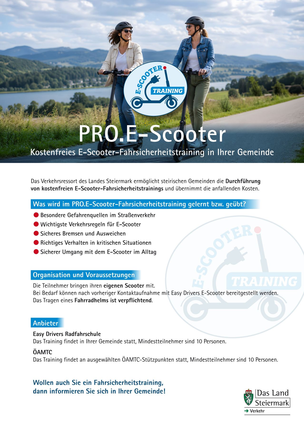 Plakat zur Werbung für kostenlose E-Scooter-Fahrsicherheitstrainings in der Gemeinde. Die Teilnehmer bringen ihre eigenen Scooter mit. Das Training umfasst Verkehrssicherheit, Verkehrsregeln und Umgang mit schwierigen Situationen. Die Mindestteilnehmerzahl beträgt 10 Personen.