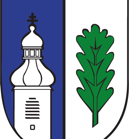 A shield with blue on the left and white on the right. On the left is a tower with a cross at the top and a circle at the bottom. On the right is a green leaf.