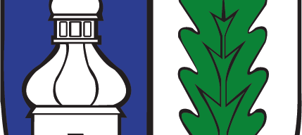 Ein blauer und weißer Schild, der in zwei Teile gespalten ist. Die linke Hälfte zeigt einen weißen Turm mit einem Kreuz oben. Die rechte Hälfte hat ein grünes Blatt.