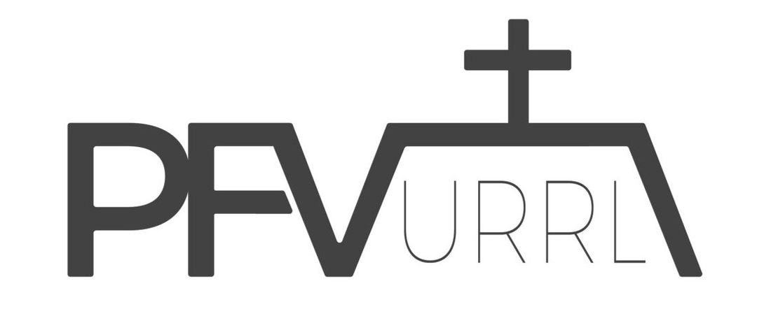 Das Bild zeigt ein stilisiertes Kreuz auf einer geneigten Linie, die die Buchstaben 'FV' darunter bildet. Es steht 'FVURRL'. Das Kreuz ist einfach und modern.