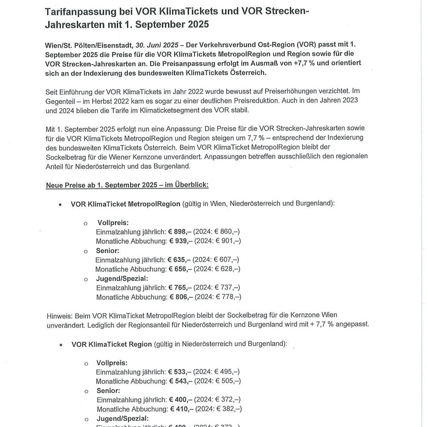 Tarifanpassung bei VOEST KlimaTickets und VOEST Strecken-Jahreskarten mit 1. September 2025. Die Preise für VOEST KlimaTickets MetropolRegion und Region sowie für VOEST Strecken-Jahreskarten erfolgen im Ausmaß von +7,7 % und orientieren sich an der Indexierung des bundesweiten KlimaTickets Österreich.