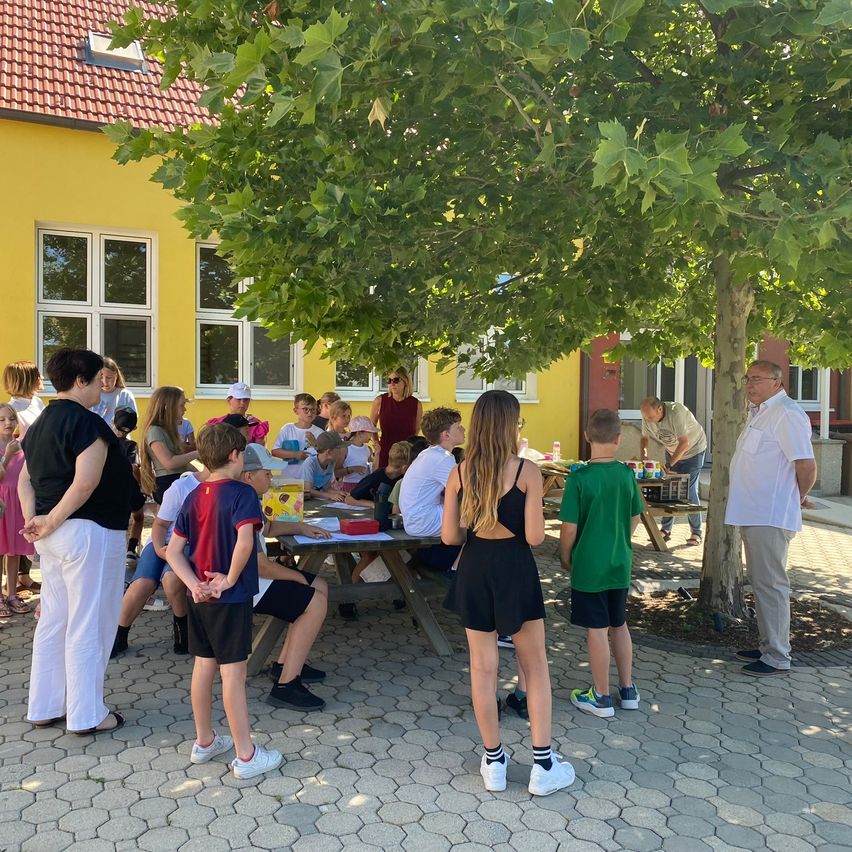 Eine Gruppe von Kindern und Erwachsenen ist um einen Picknicktisch unter einem Baum versammelt, möglicherweise für eine Gemeinschaftsveranstaltung. Auf dem Tisch befinden sich verschiedene Gegenstände.