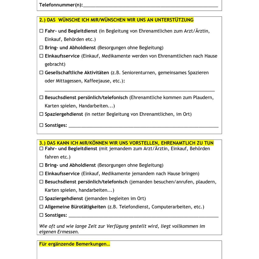 Ein Formular fragt nach gewünschter Unterstützung, einschließlich Begleitservice, Einkaufshilfe, soziale Aktivitäten und persönliche Besuche. Es fragt auch, wie oft und wie lange Unterstützung benötigt wird. Das Formular endet mit einem Bereich für zusätzliche Kommentare.