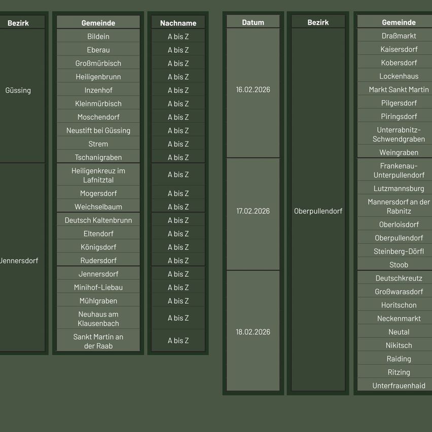 Eine Tabelle mit den Spalten 'Bezirk', 'Gemeinde', 'Nachname', 'Datum', 'Bezirk', 'Gemeinde'. Einträge umfassen: Güssing, Bilbein, A bis Z, 16.02.2026, DraBmarkt. Und viele mehr.