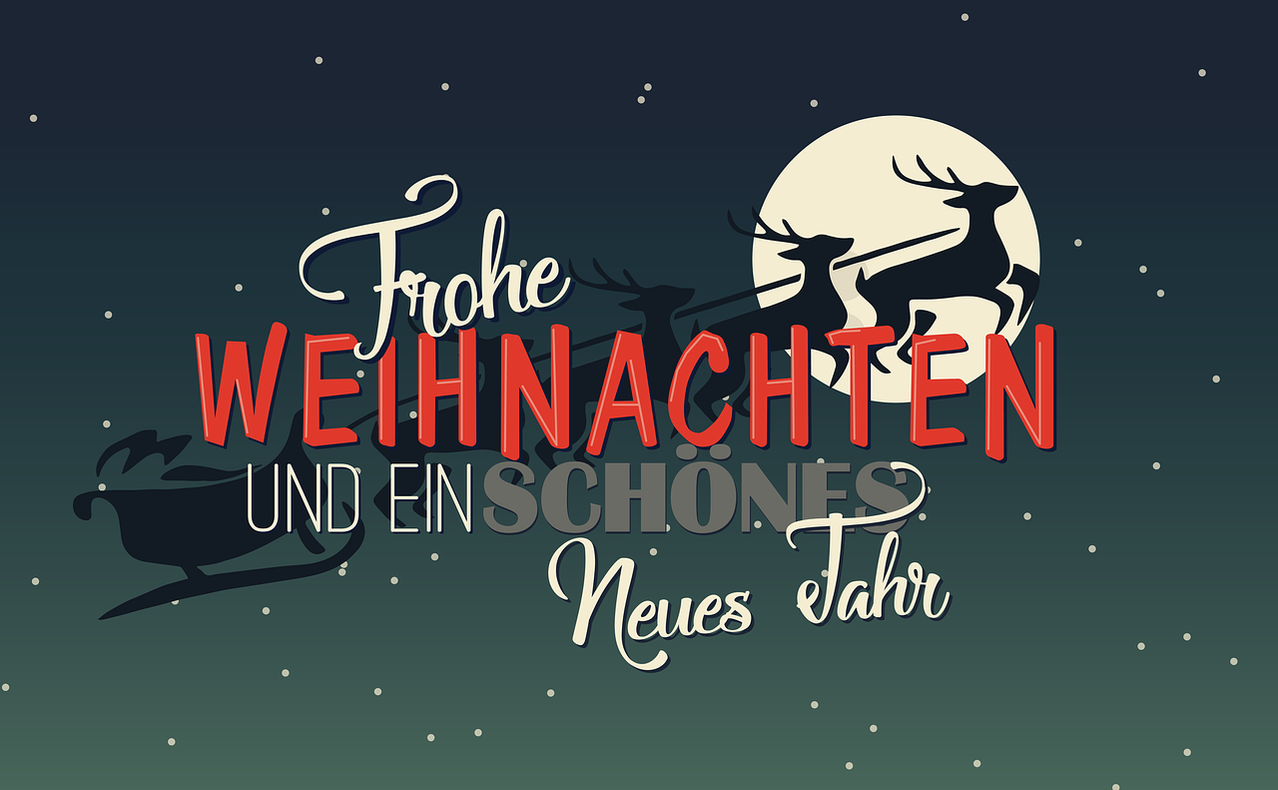 Ein festlicher Plakat für Weihnachten. Es zeigt eine Silhouette von Santa Claus auf seinem Schlitten, mit einem Mond im Hintergrund. Der Text lautet 'Frohe Weihnachten und ein schones Neues Jahr' auf Deutsch.