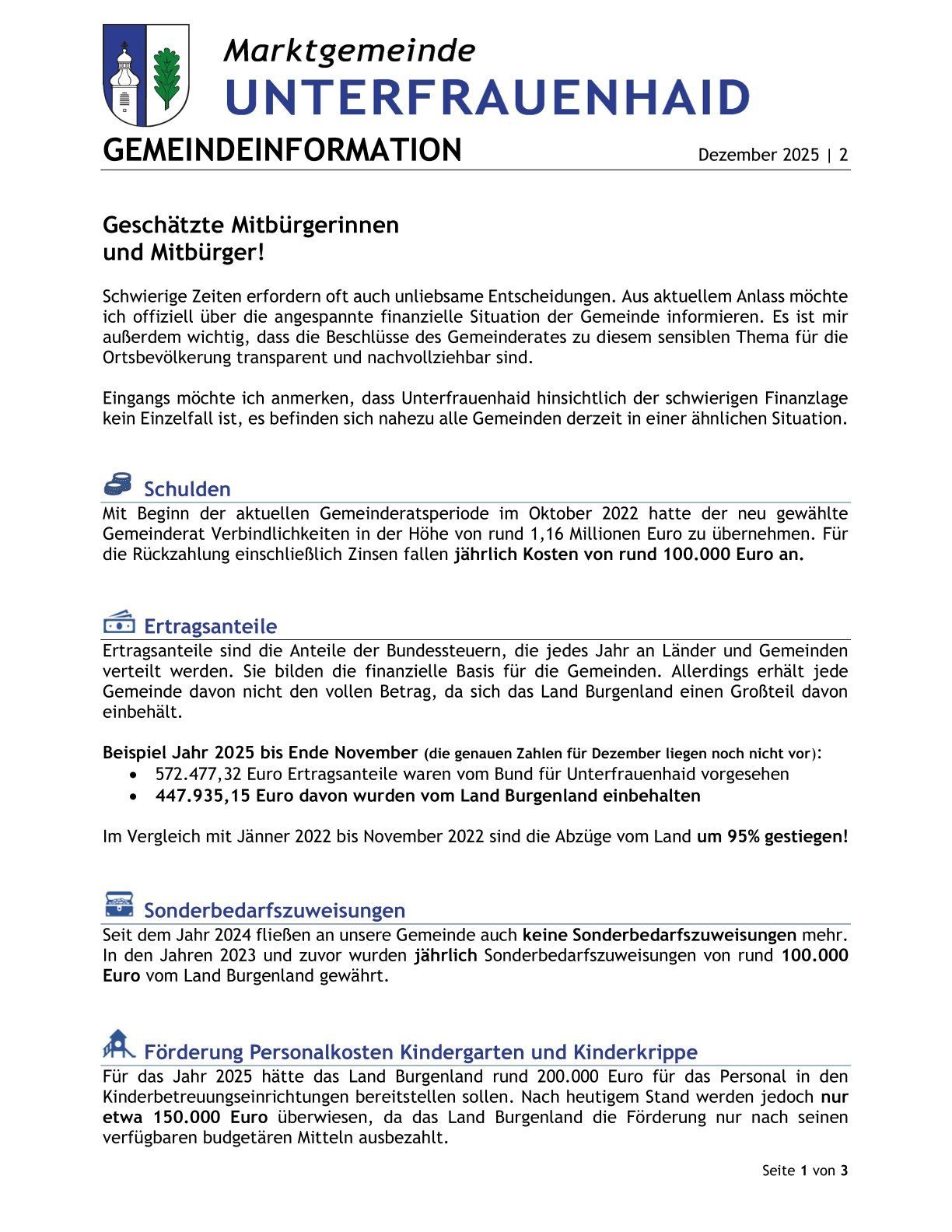 Die Ausgabe vom Dezember 2025 enthält Informationen über finanzielle Entscheidungen für Gemeindebürger. Der Gemeinderat hat Verbindlichkeiten in Höhe von rund 1,16 Millionen Euro übernommen. Jährliche Zinskosten belaufen sich auf etwa 100.000 Euro. Die Beiträge des Bundes für das Jahr 2025 betrugen 572.477,32 Euro, wobei das Land Burgenland 447.935,15 Euro einbehielt. Seit 2024 erhält die Gemeinde keine besonderen Bedarfsausweisungen mehr. Im Jahr 2023 erhielt die Gemeinde 100.000 Euro vom Land Burgenland. Für das Jahr 2025 hat das Land Burgenland rund 200.000 Euro für das Personal in Kindergärten und Kinderkrippen bereitgestellt.