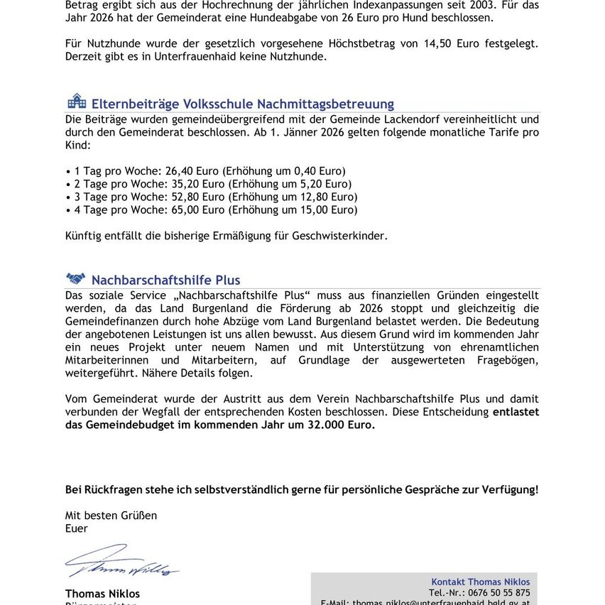Dokument zeigt eine Liste der Beiträge für Hundebesitzer, mit einer neuen Gebühr von 26 Euro pro Hund für 2026. Der Dienst 'Nachbarschaftshilfe Plus' wird aufgrund finanzieller Einschränkungen und fehlender staatlicher Förderung eingestellt.