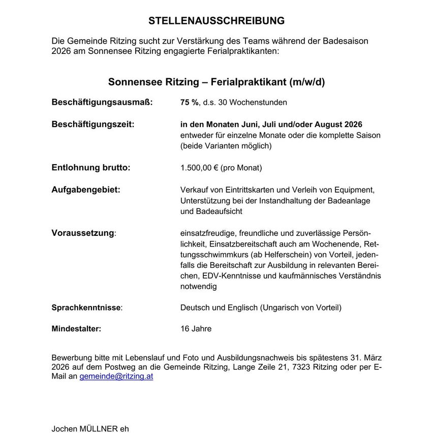 Stellenausschreibung für einen Saisonbadewärter am See Ritzing in Österreich. Anforderungen umfassen Schwimmfähigkeiten, Erste-Hilfe-Kenntnisse, EDV-Kenntnisse und kaufmännisches Verständnis. Mindestalter 16 Jahre. Bewerbung bis 31. März 2026.