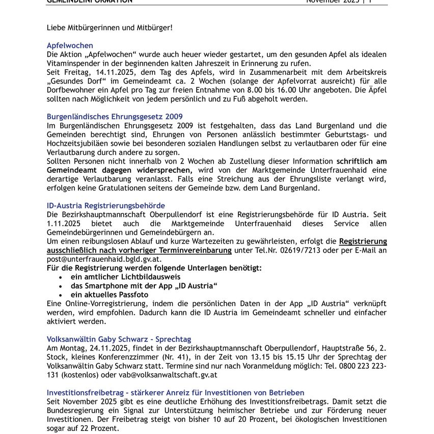 Die Aktion Apfelwochen wurde wieder gestartet, um den gesunden Apfel als ideale Vitaminspender in der beginnenden kalten Jahreszeit in Erinnerung zu rufen. Am Freitag, 14.11.2025, findet die Verteilung der Apfelkörbe am Arbeitsplatz statt. Die Äpfel können von 8.00 bis 16.00 Uhr abgeholt werden, und es sollte nach Möglichkeit von jeder Person persönlich und zu Fuß abgeholt werden.