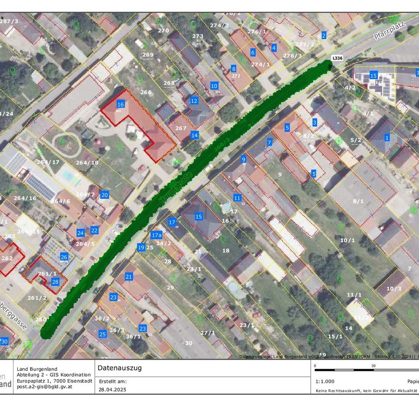 A map shows various plots labeled with numbers, a green line, and labeled streets and buildings. The map data is from 2024.
