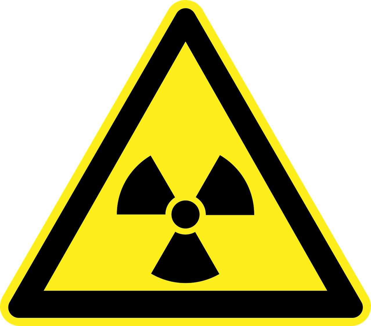 A yellow triangle with a black border and a black radiation symbol in the center.