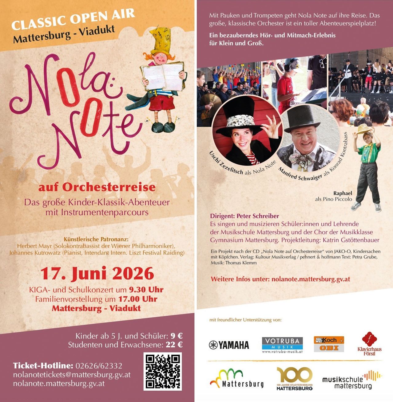 Plakat für das klassische Open-Air-Konzert 'Nola Note' in Mattersburg. Das Event präsentiert ein klassisches Abenteuer für Kinder mit musikalischen Instrumenten. Termine sind der 17. Juni 2026. Ticketpreise sind aufgeführt.