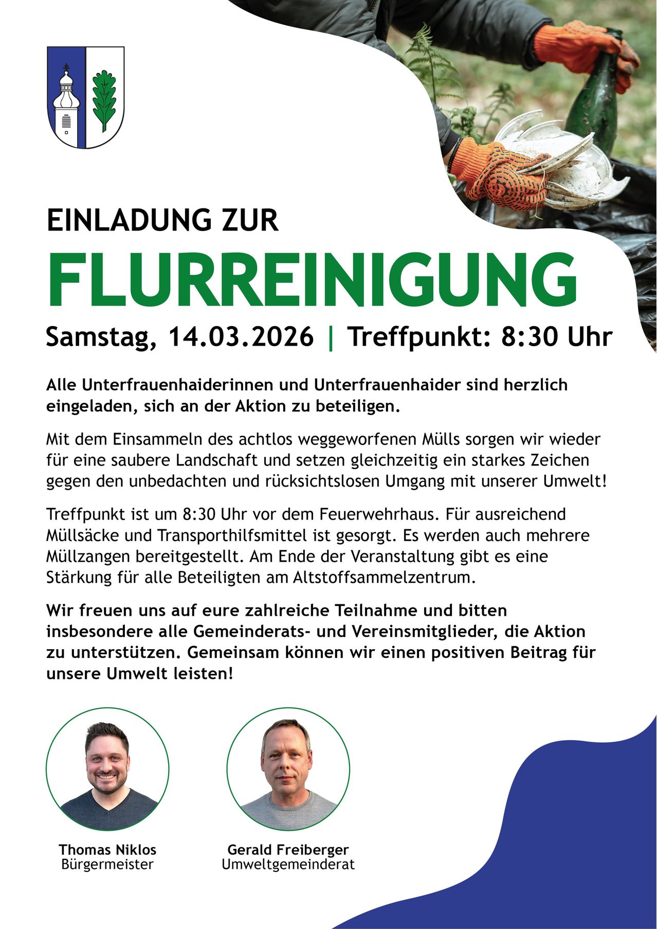 Einladung zur Müllsammelaktion am Samstag, 14.03.2026. Treffpunkt um 8:30 Uhr am Feuerwehrhaus. Alle Teilnehmer sind eingeladen, um eine saubere Umgebung zu schaffen und Bewusstsein für unachtsamen Umgang mit Abfällen zu schaffen.