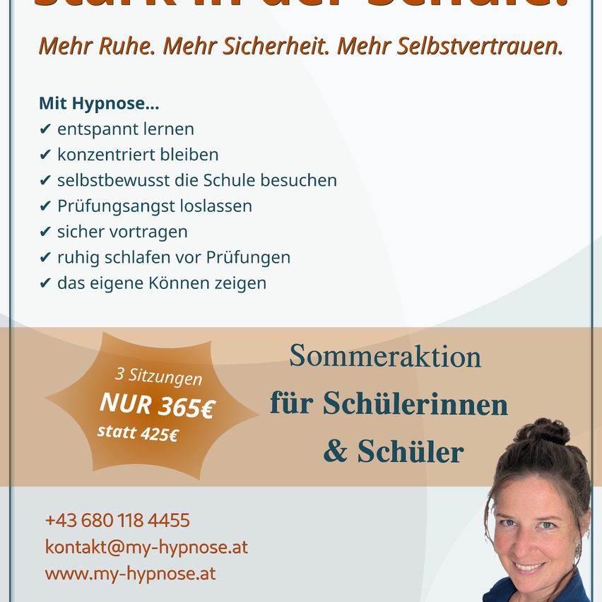Eine Werbung für Hypnose-Dienstleistungen für Schüler, mit einem lächelnden Frau und einem Sommerangebot für drei Sitzungen zu einem reduzierten Preis.
