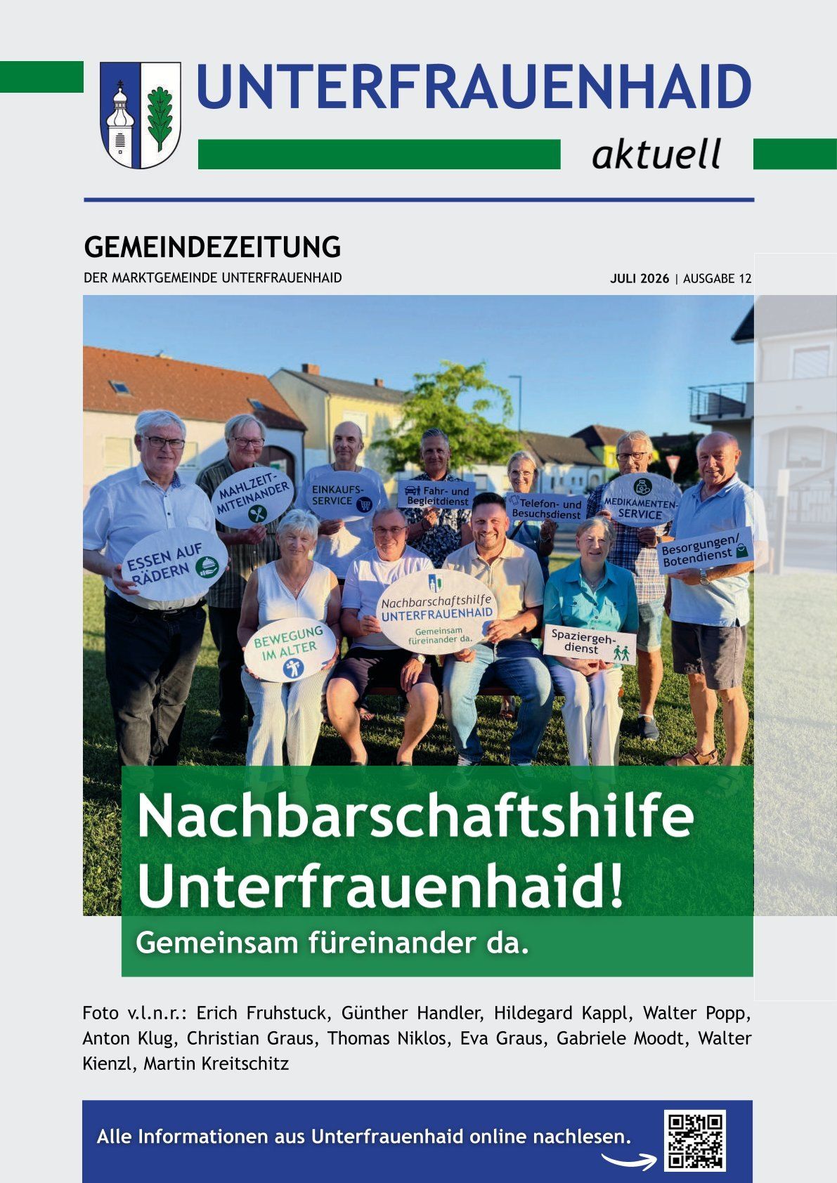 A group of elderly people in Unterfrauenhaid, Germany, are posing for a photo with signs advocating for neighborhood support. The signs include phrases like 'Neighborhood Aid' and 'Together for Each Other.' The image is from July 2026.