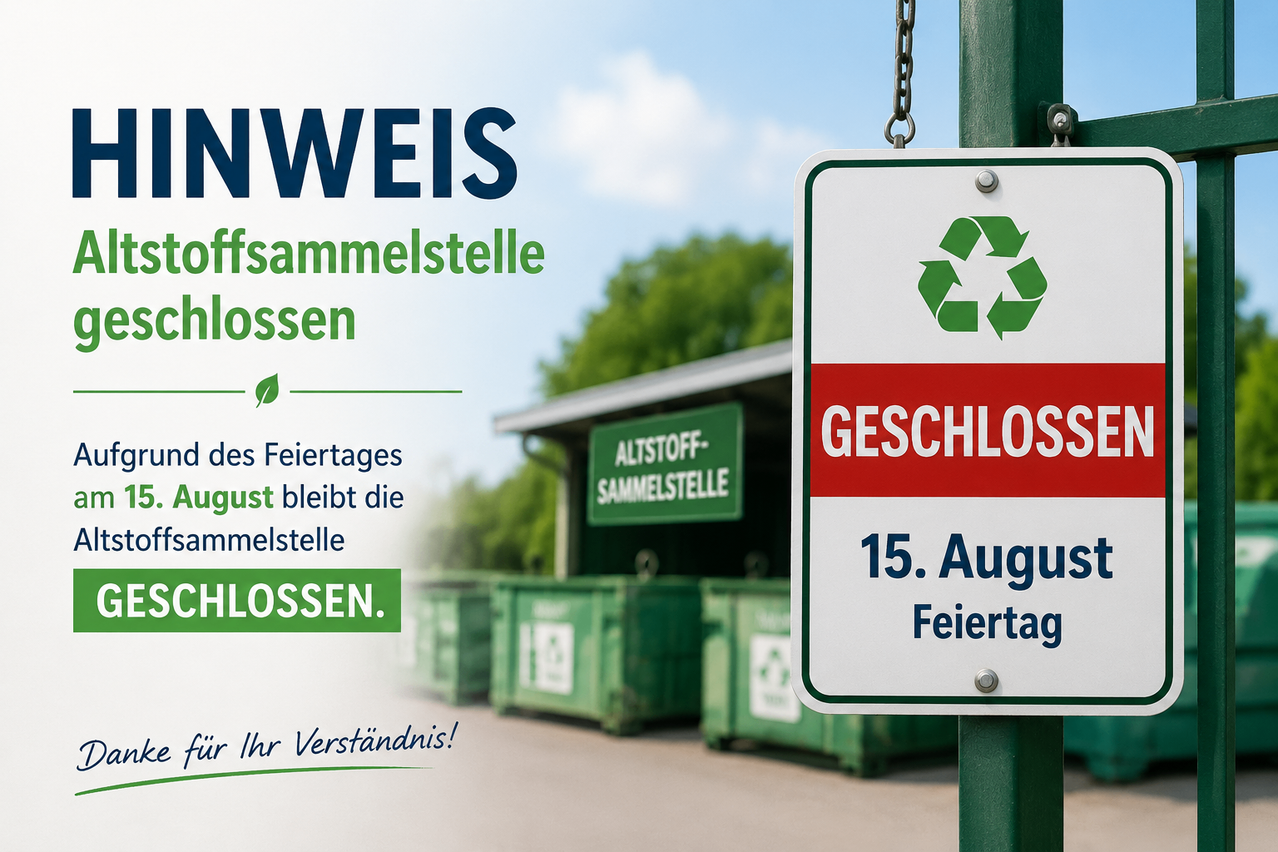 A sign with a recycling symbol and the text 'Closed on August 15th'. The sign is attached to a pole with a chain. Behind the sign, there are green trash bins and a building. The background is blurry with trees and a blue sky.