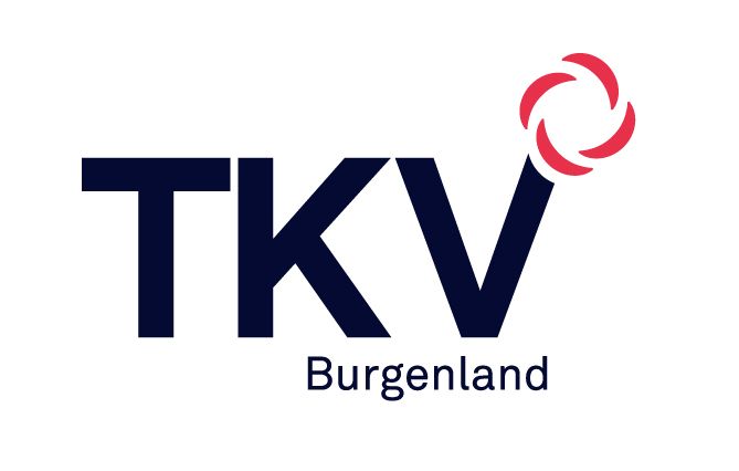 Das Logo für TKV Burgenland, mit einem stilisierten 'TKV' in Blau und einem roten kreisförmigen Emblem darüber. Der Text 'Burgenland' steht darunter in einer kleineren Schrift.