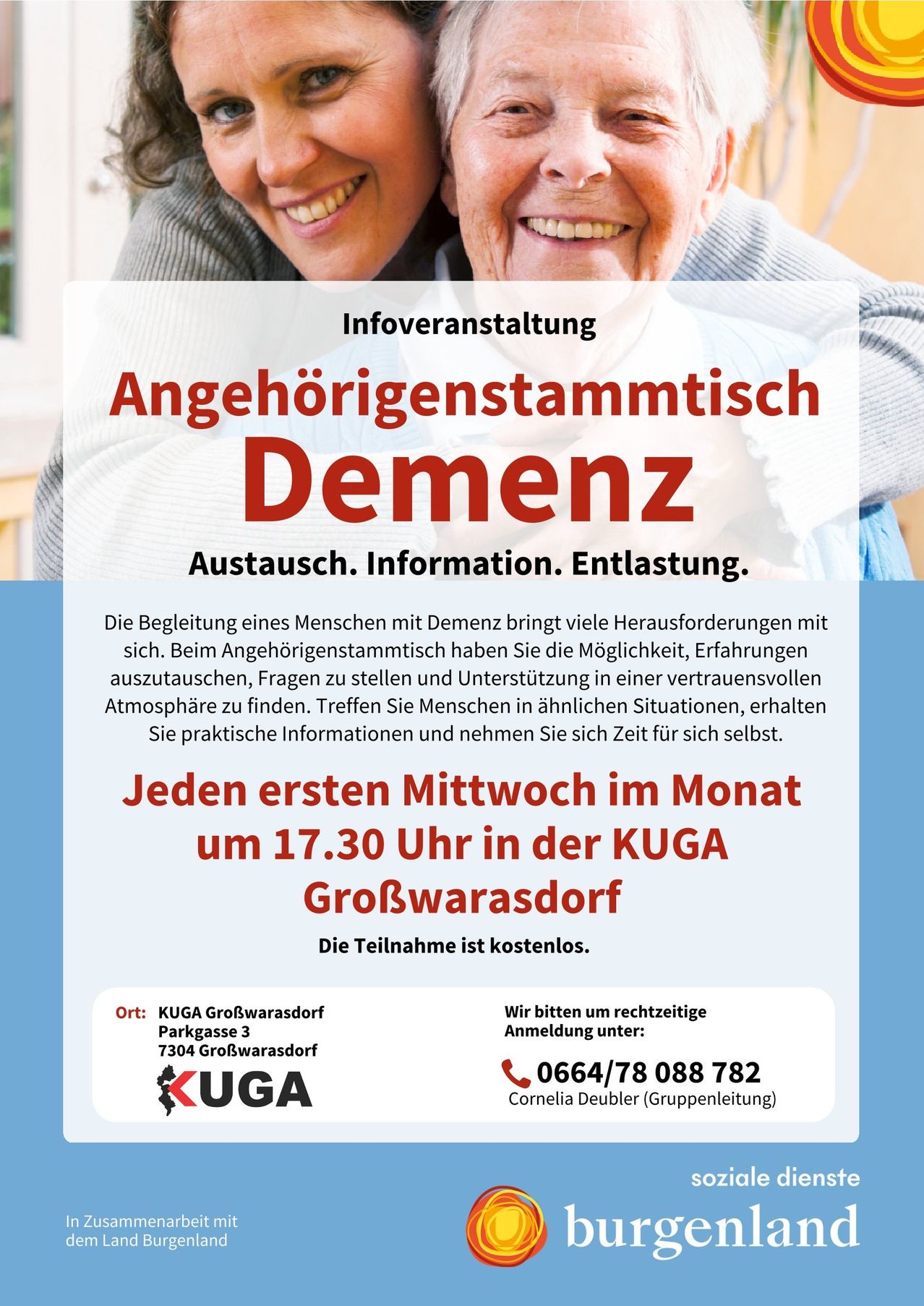 Plakat für eine Treffen von Angehörigen von Demenzkranken. Es zeigt ein lächelndes älteres Paar und enthält Details zur Zeit und zum Ort des Treffens.