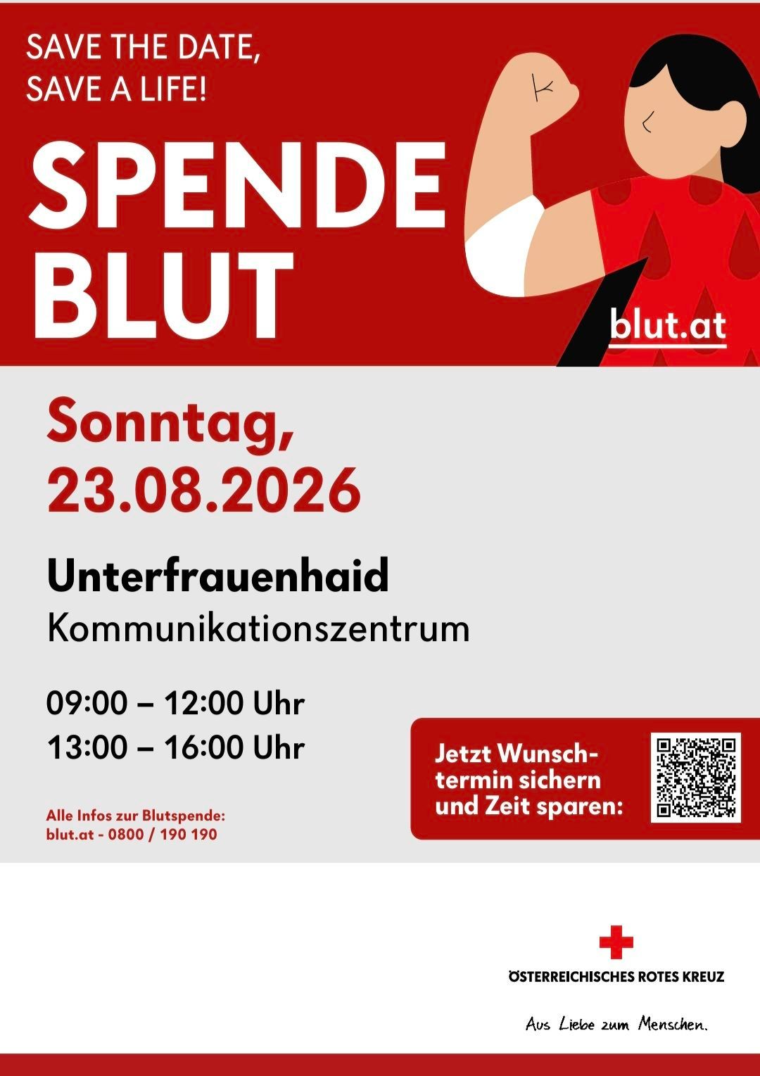 Plakat für eine Blutspende-Veranstaltung am 23.08.2026 im Frauenhain Kommunikationszentrum. Zeiten sind 09:00-12:00 und 13:00-16:00. QR-Code für Terminbuchung.