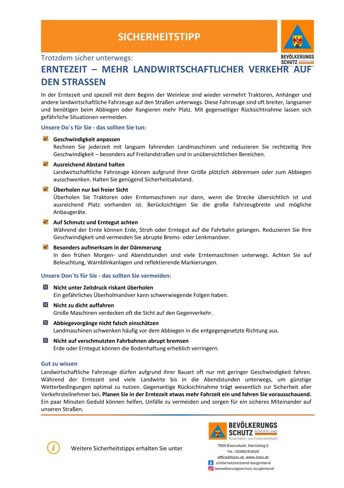 Das Bild zeigt eine Sicherheitsanleitung für das Fahren von landwirtschaftlichen Fahrzeugen auf Straßen, die die Bedeutung von reduzierter Geschwindigkeit, Abstand halten und Vermeidung von Überholmanövern betont. Es hebt auch die Notwendigkeit der Vorsicht bei Dämmerung und Morgengrauen hervor und rät von riskanten Manövern ab.