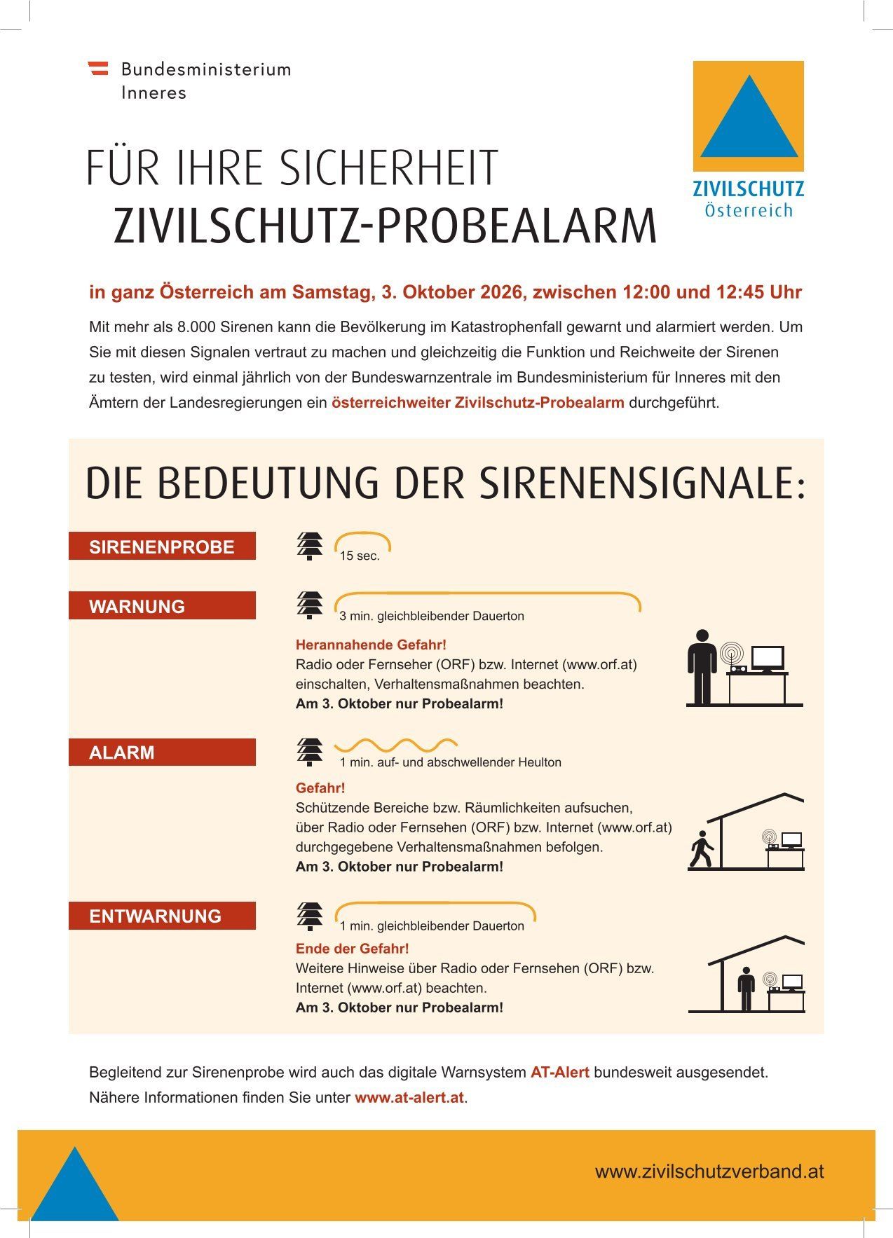 Ein Infografik über den Zivilschutz-Probealarm in Österreich, geplant für den 3. Oktober 2026 zwischen 12:00 und 12:45 Uhr. Es erklärt die Bedeutung der Sirenensignale, einschließlich eines 15-sekündigen Tests, einer 3-minütigen Warnung, einer 1-minütigen Alarmierung und eines 1-minütigen Endesignals. Es gibt auch Anweisungen, wie auf jedes Signal zu reagieren ist.