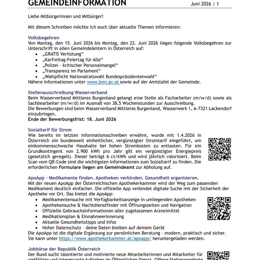 Community information from June 2026. Topics include upcoming Volksbegehung events, Wasserverband job application, Sozialtarif for Strom electricity pricing, and job opportunities in Austria. Details on dates, locations, and how to apply.