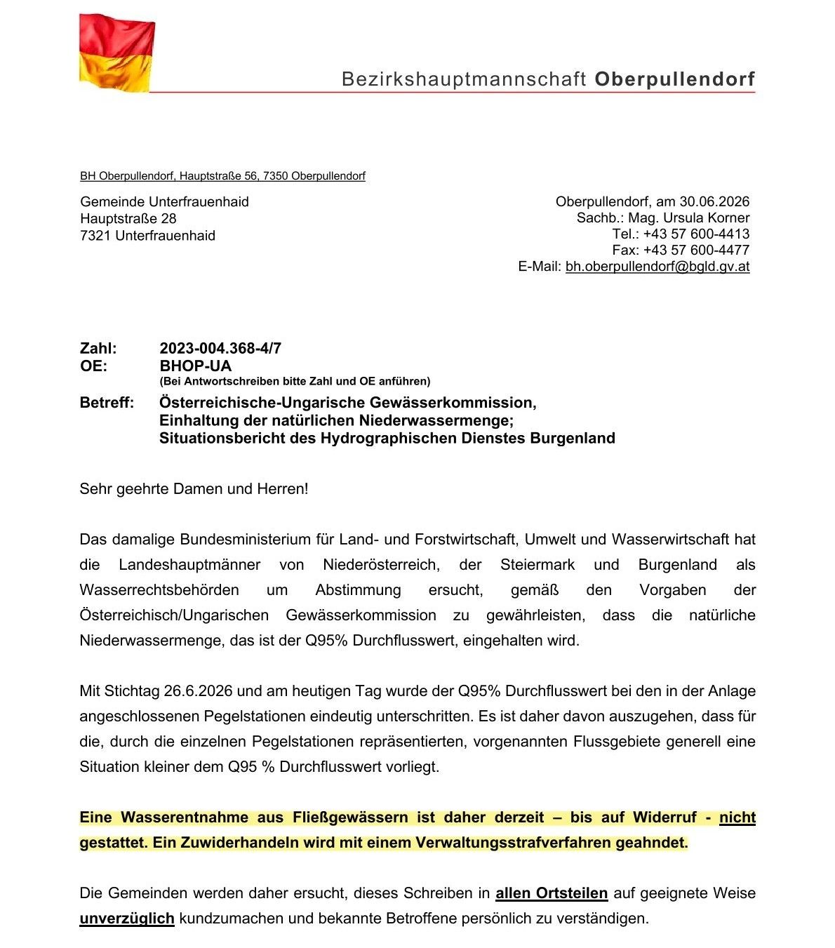 Official letter from the District Administration Oberpullendorf addressed to the Austrian-Hungarian Water Commission regarding the implementation of the natural water retention, dated 30.06.2026. It includes contact information and discusses the natural water retention of 95% flow.