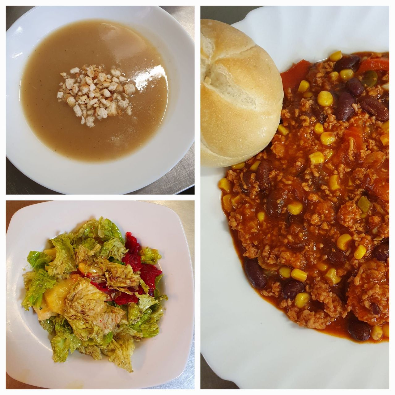 Vier verschiedene Gerichte: eine Suppenschüssel, ein Salat, eine Chilischüssel und ein Brötchen.