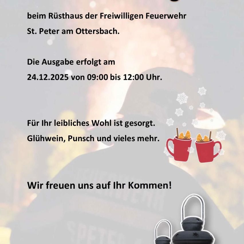 Plakat für die Ausrüstungsauktion der Freiwilligen Feuerwehr St. Peter am Ottersbach am 24.12.2025 von 09:00 bis 12:00 Uhr. Glühwein, Punsch und vieles mehr erwarten Sie. Es sind Laternen und Tassen abgebildet.