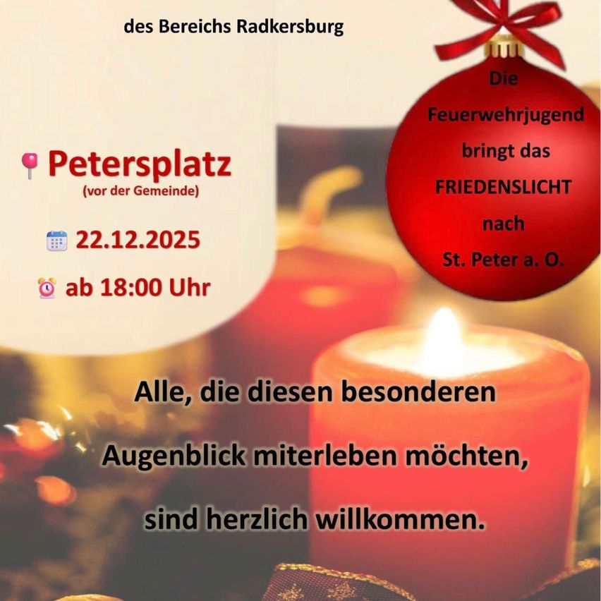 Werbeposter für eine Weihnachtskerzenanzündung auf dem Petersplatz in Radkersburg, die alle einlädt, am 22. Dezember 2025 um 18 Uhr teilzunehmen. Die Veranstaltung wird von der Gemeinde ausgerichtet.