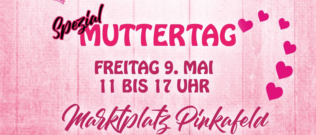 Plakat für den Pinkafelder Bauern- und Handwerksmarkt zum Muttertag mit verschiedenen Ikonen und einem rosa Herzdesign.