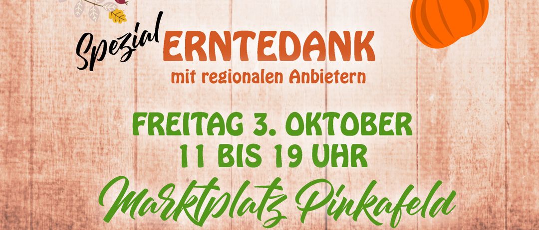 Plakat zum Erntedankfest mit Kürbis, Brot, Wein und anderen Ernte-Illustrationen, das einen Bauern- und Handwerksmarkt am 3. Oktober ankündigt.