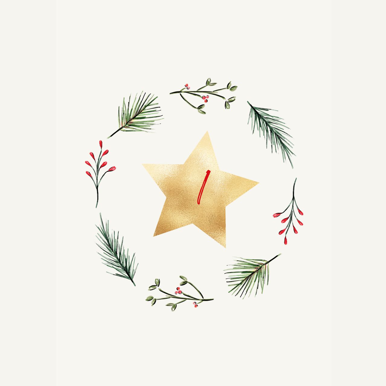 Ein goldener Stern mit roten Linien ist von einem Kranz aus grünen Blättern und roten Beeren umgeben. Das Bild ist auf einem weißen Hintergrund.