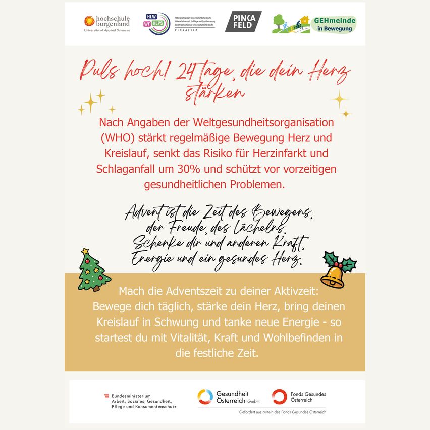 Werbung mit festlichen Dekorationen. Es steht: '24 Tage, die dein Herz stärken.' Vorteile regelmäßiger Bewegung werden aufgeführt. Der Text ermutigt zur täglichen Bewegung für Herzgesundheit, Durchblutung und Energie. Es endet mit einer festlichen Note.