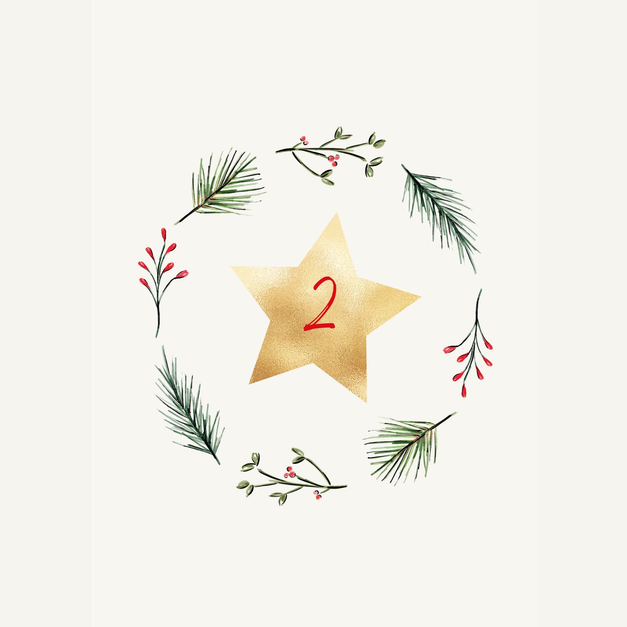 Ein goldener Stern mit der Zahl 2 in der Mitte, umgeben von einer Girlande aus grünen Blättern und roten Beeren auf weißem Hintergrund.